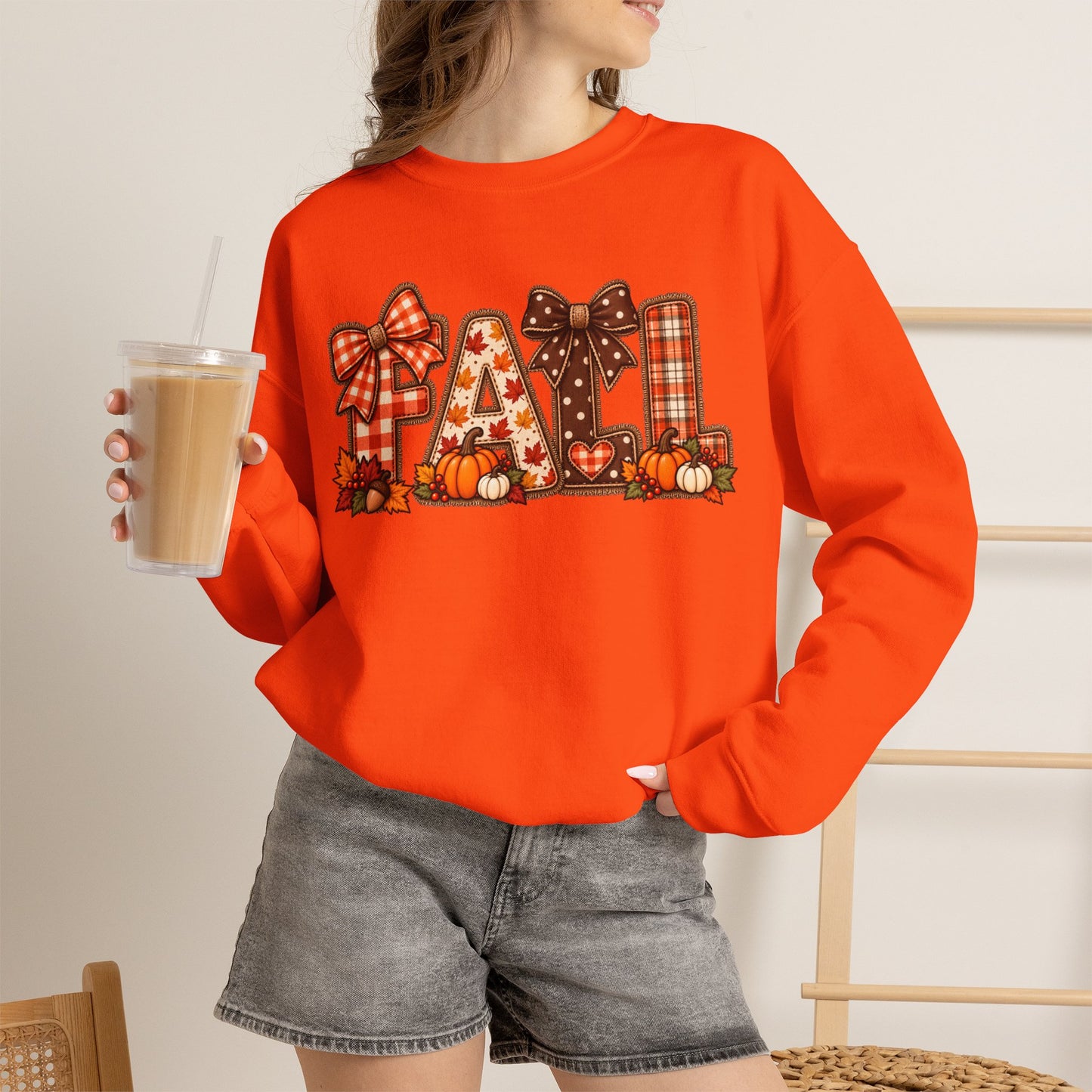 Fall Graphic Crewneck Sweatshirt — Plaid Pumpkin Autumn Design