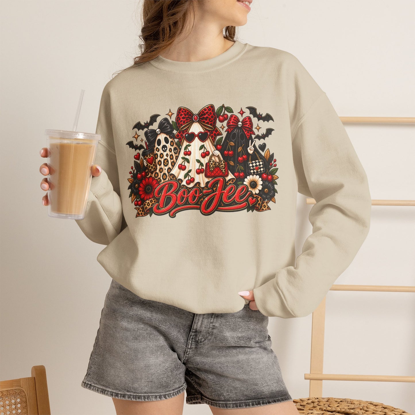 Halloween Boo Crewneck Sweatshirt — Cute Ghosts, Bats & Plaid Pumpkin Design