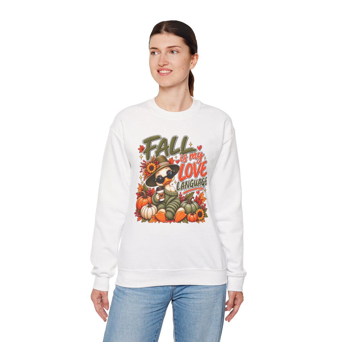 Fall Is My Love Language Sweatshirt — Cute Duck & Pumpkin Autumn Crewneck