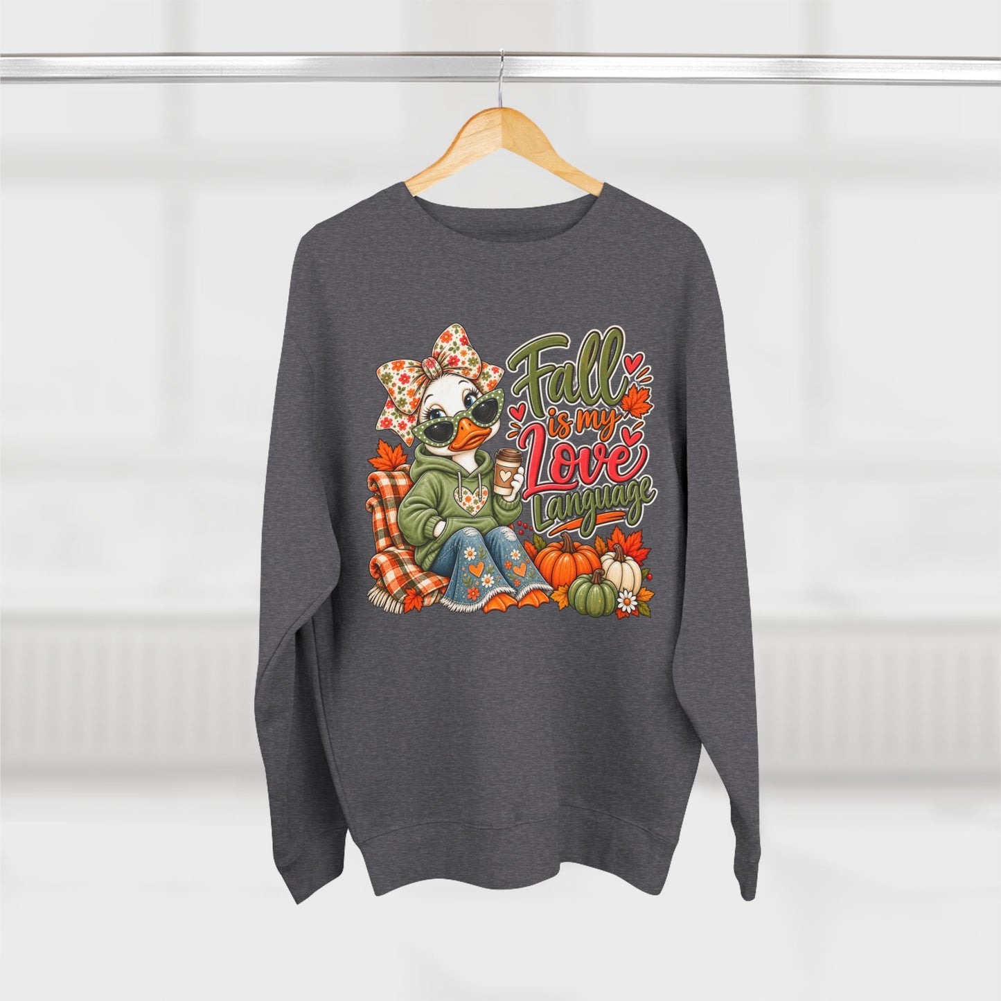 Fall Is My Love Language Sweatshirt — Cozy Autumn Duck Design with Pumpkins