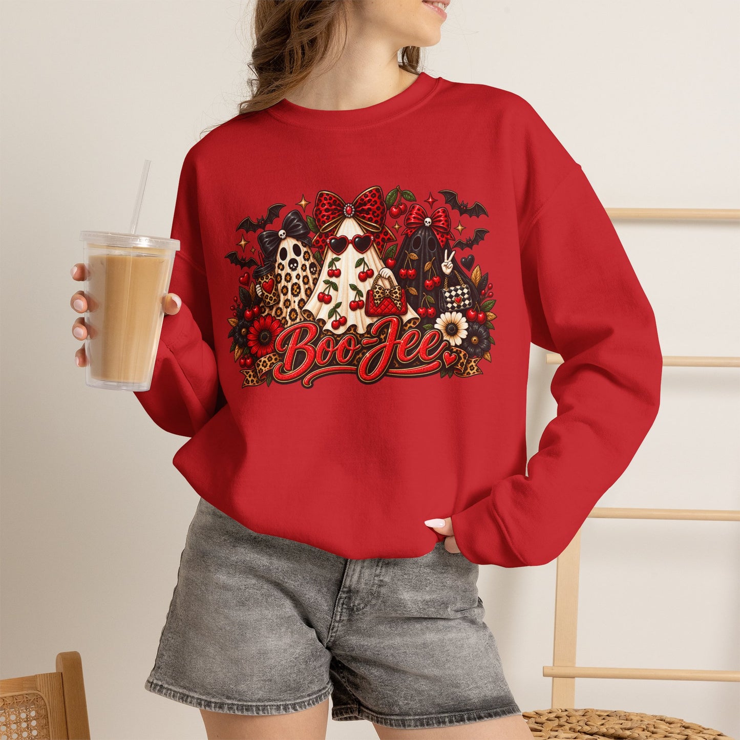 Halloween Boo Crewneck Sweatshirt — Cute Ghosts, Bats & Plaid Pumpkin Design