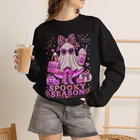 Spooky Season Ghost Crewneck Sweatshirt — Cute Pink Halloween Graphic