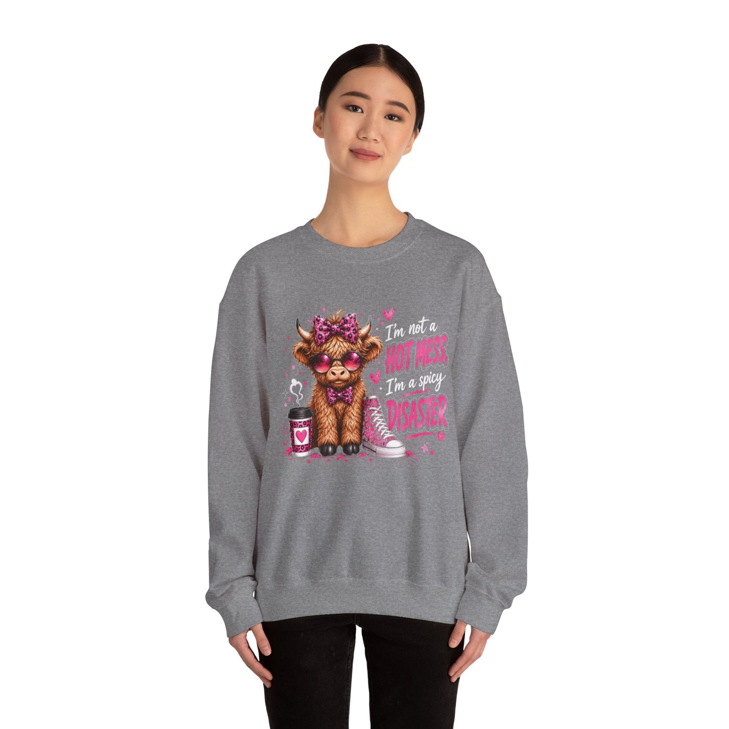 Spicy Disaster Dog Crewneck Sweatshirt — “I’m not a hot mess, I’m a spicy disaster” Graphic Sweatshirt