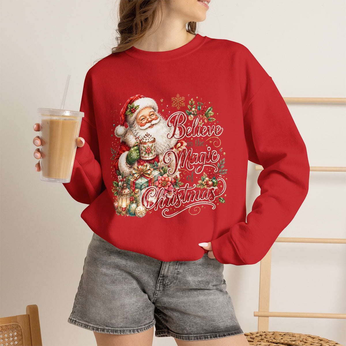 Believe in the Magic of Christmas Sweatshirt | Vintage Santa Christmas Crewneck for Women