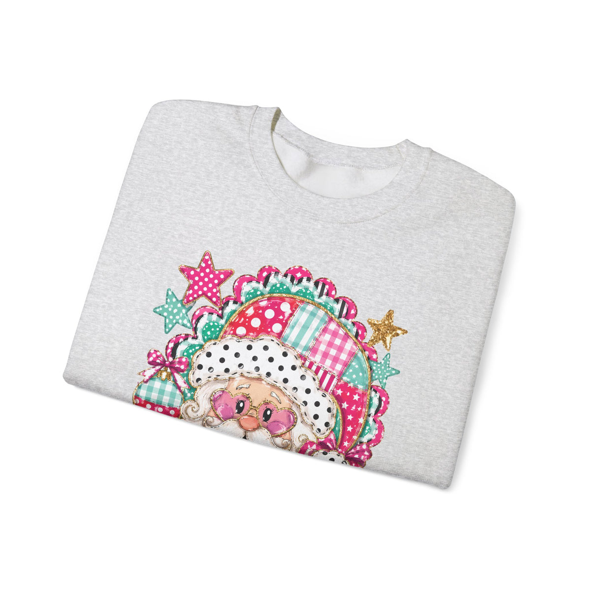 Pink Patchwork Santa Sweatshirt — Cute Christmas Crewneck for Women & Kids