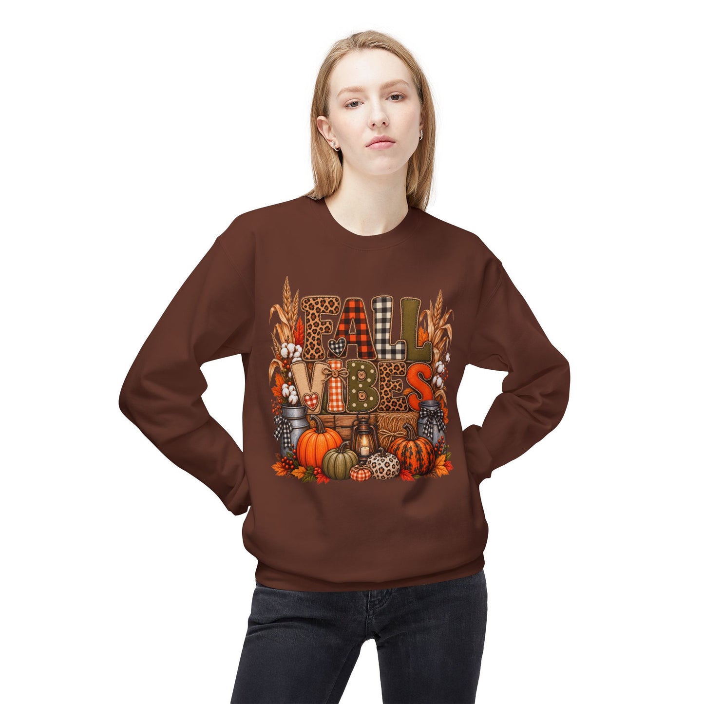 Fall Vibes Crewneck Sweatshirt — Pumpkin, Plaid & Harvest Graphic