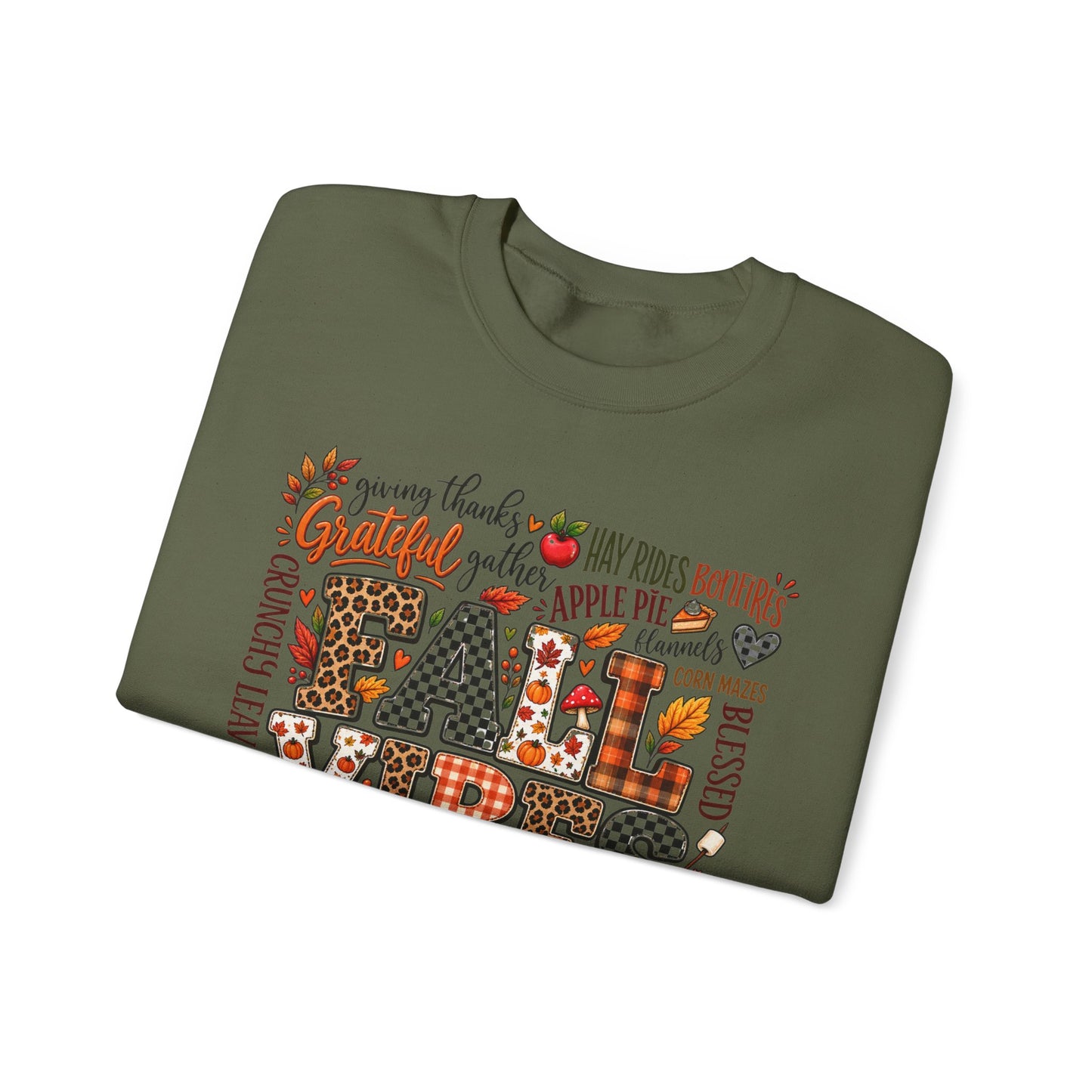 Fall Vibes Crewneck Sweatshirt — Autumn Leaves, Pumpkins & Cozy Plaid Design
