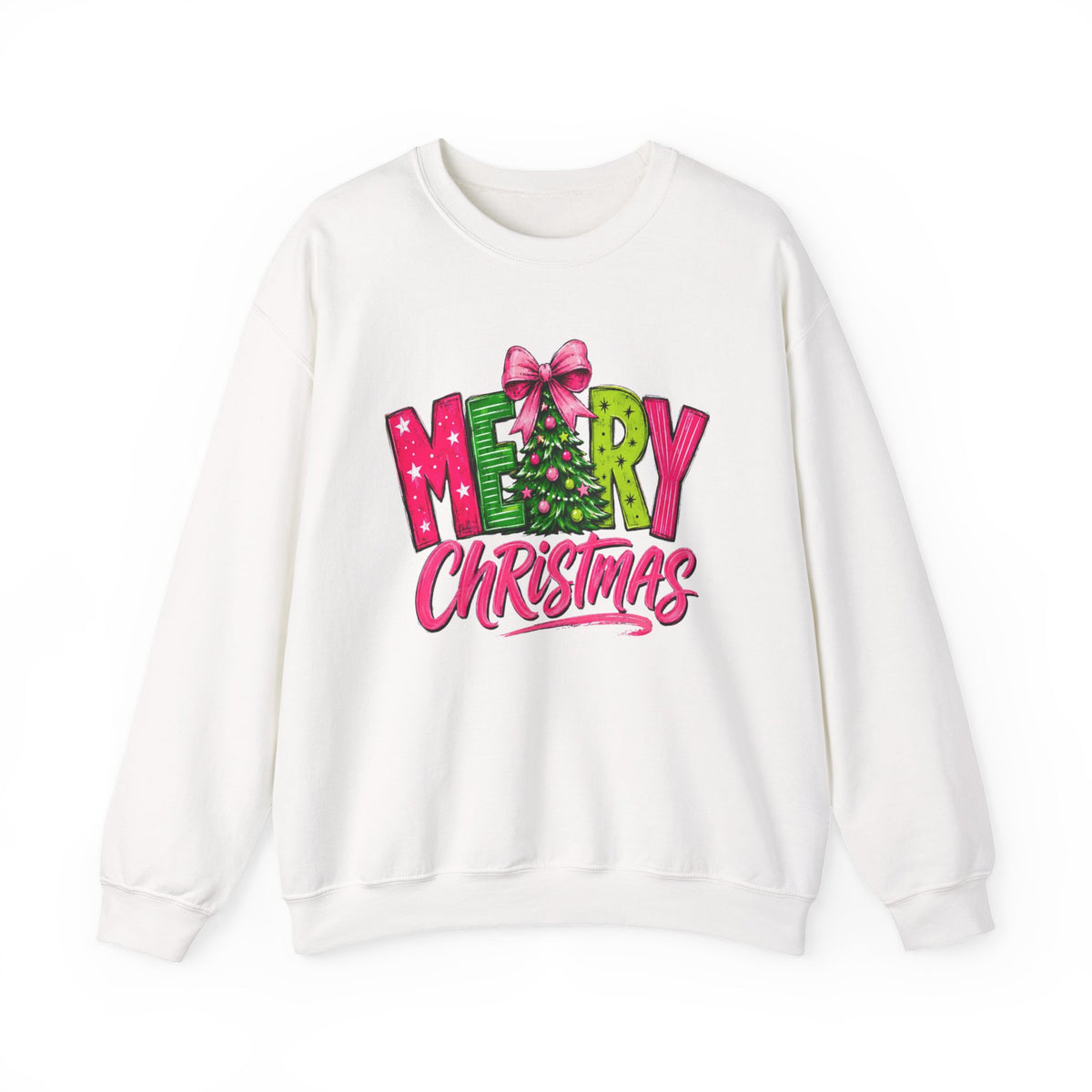 Crewneck Sweatshirt — Merry Christmas Pink & Green Holiday Tree Graphic