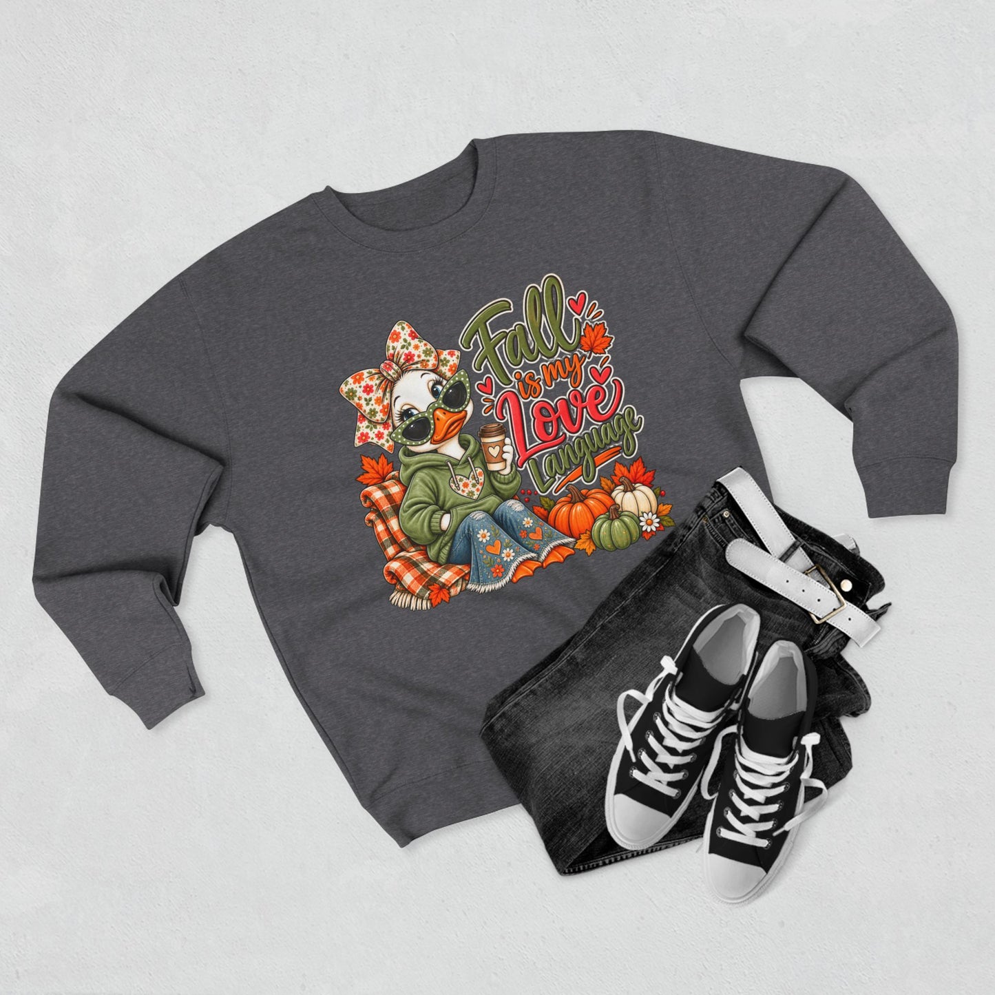 Fall Is My Love Language Sweatshirt — Cozy Autumn Duck Design with Pumpkins