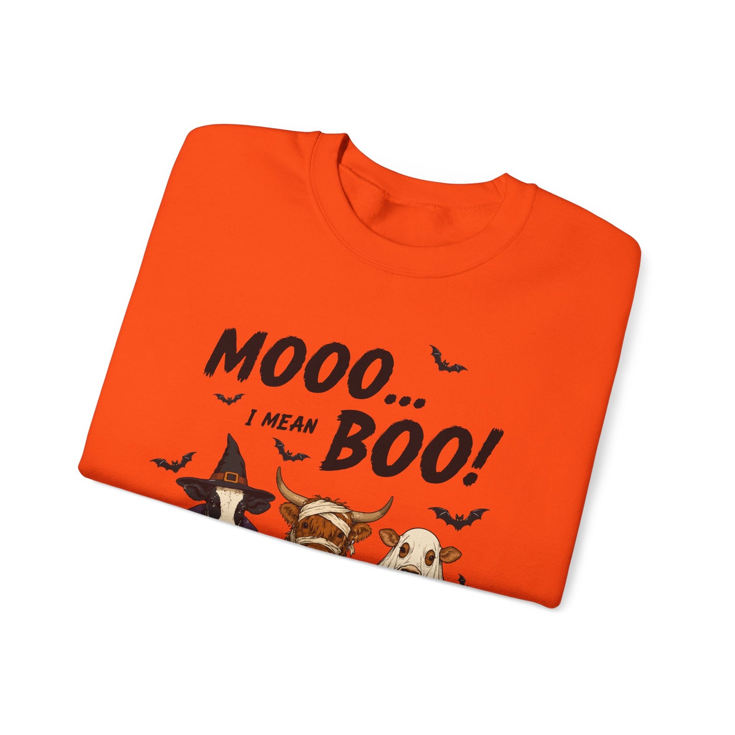Halloween Cow Crewneck Sweatshirt — "Mooo... I Mean Boo!" Cute Farm Animals Costume Pullover
