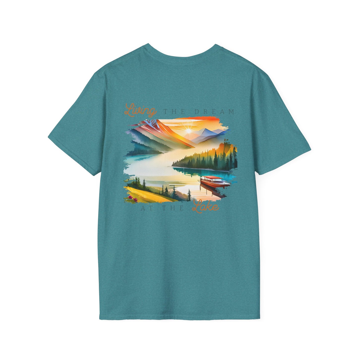Lake Life T-Shirt — "Living the Dream at the Lake" Boat & Mountain Scene