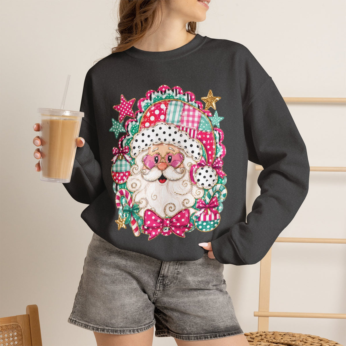 Pink Patchwork Santa Sweatshirt — Cute Christmas Crewneck for Women & Kids