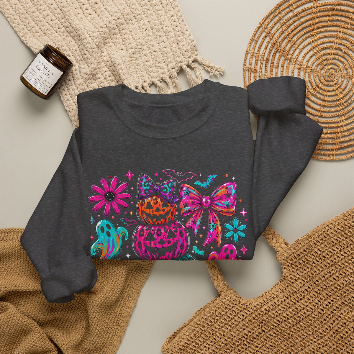 Spooky Season Sweatshirt — Colorful Neon Halloween Pumpkin & Ghost Crewneck