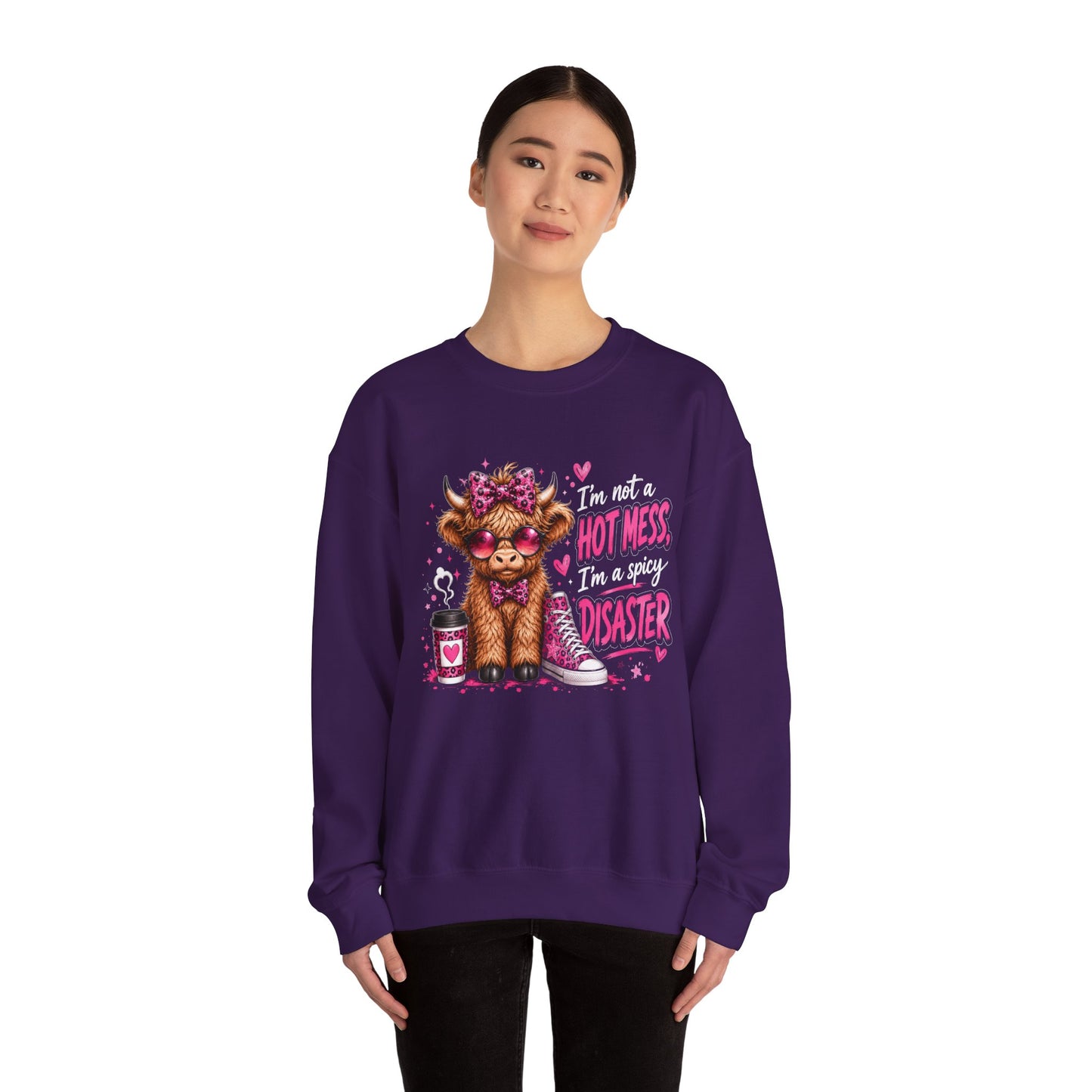 Spicy Disaster Dog Crewneck Sweatshirt — “I’m not a hot mess, I’m a spicy disaster” Graphic Sweatshirt