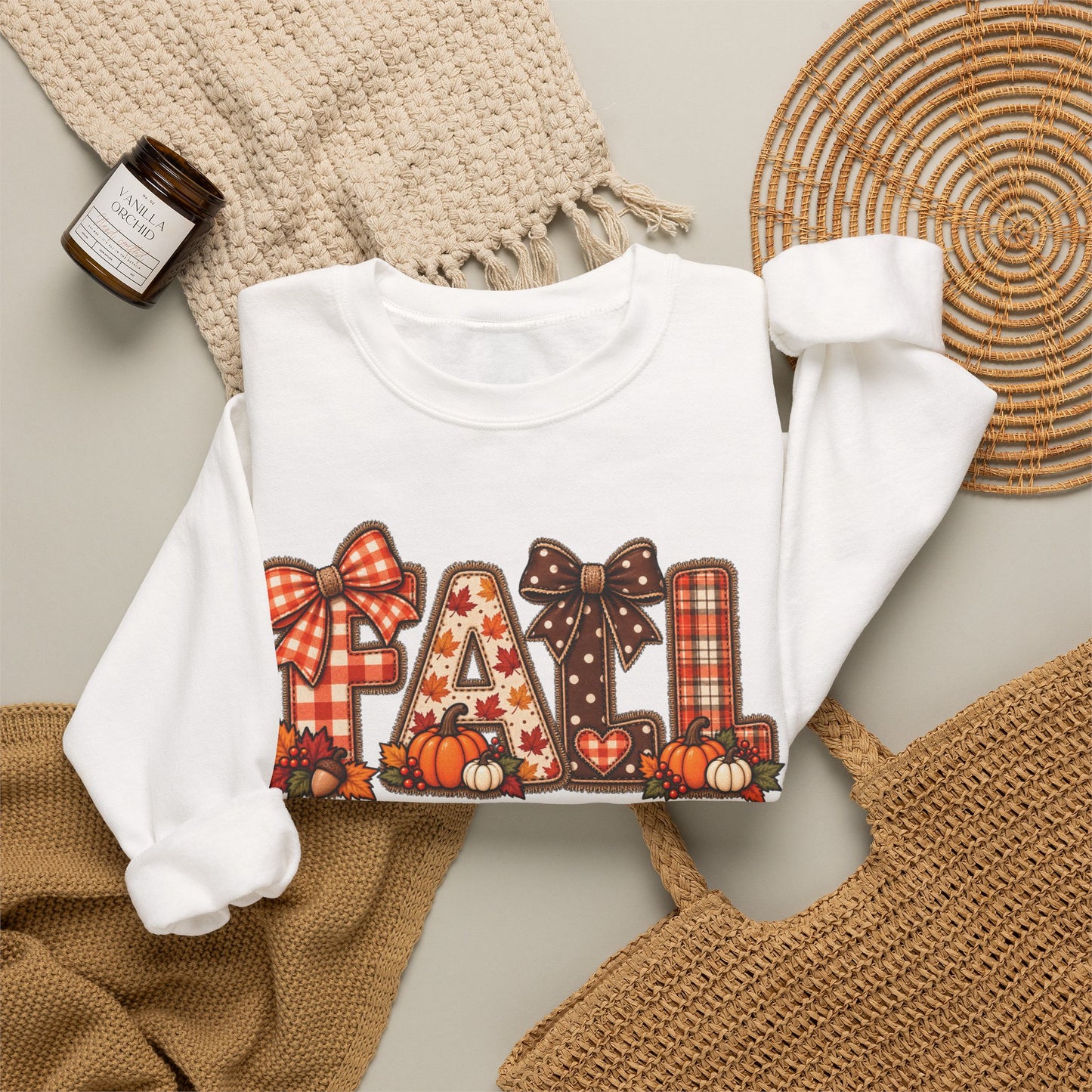Fall Graphic Crewneck Sweatshirt — Plaid Pumpkin Autumn Design
