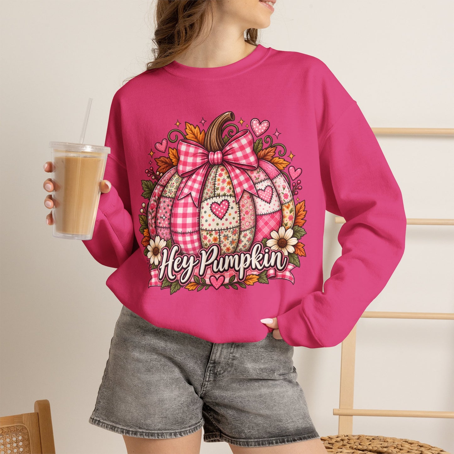 Hey Pumpkin Sweatshirt — Pink Plaid Pumpkin Crewneck for Fall & Valentine’s