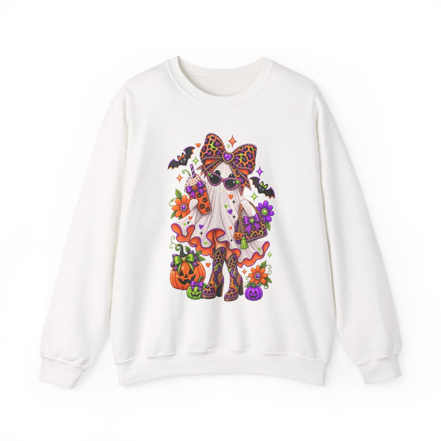 Halloween Ghost Cat Crewneck Sweatshirt — Cute Spooky Pumpkin & Bat Graphic