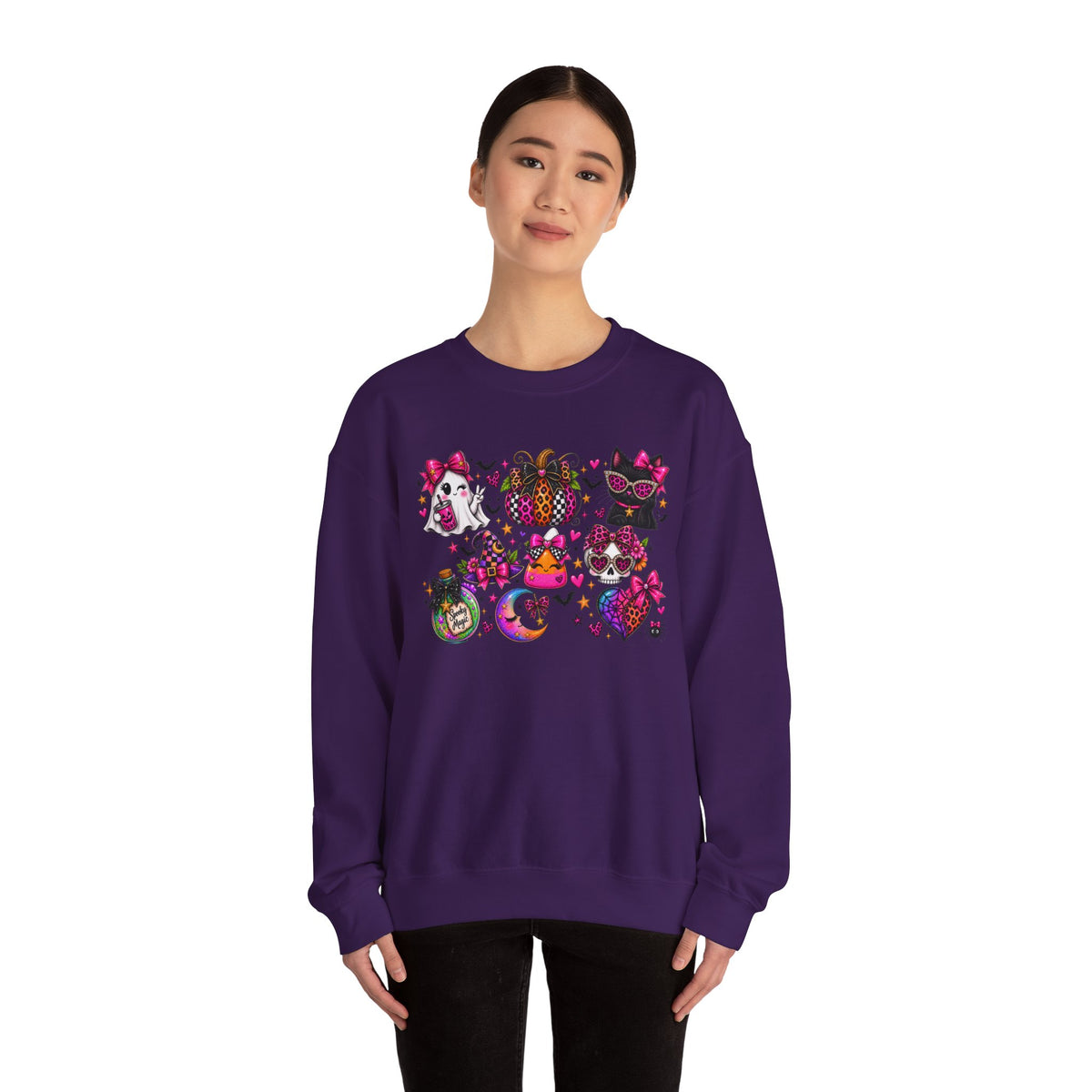 Halloween Cat & Pumpkin Crewneck Sweatshirt — Colorful Spooky Cute Design