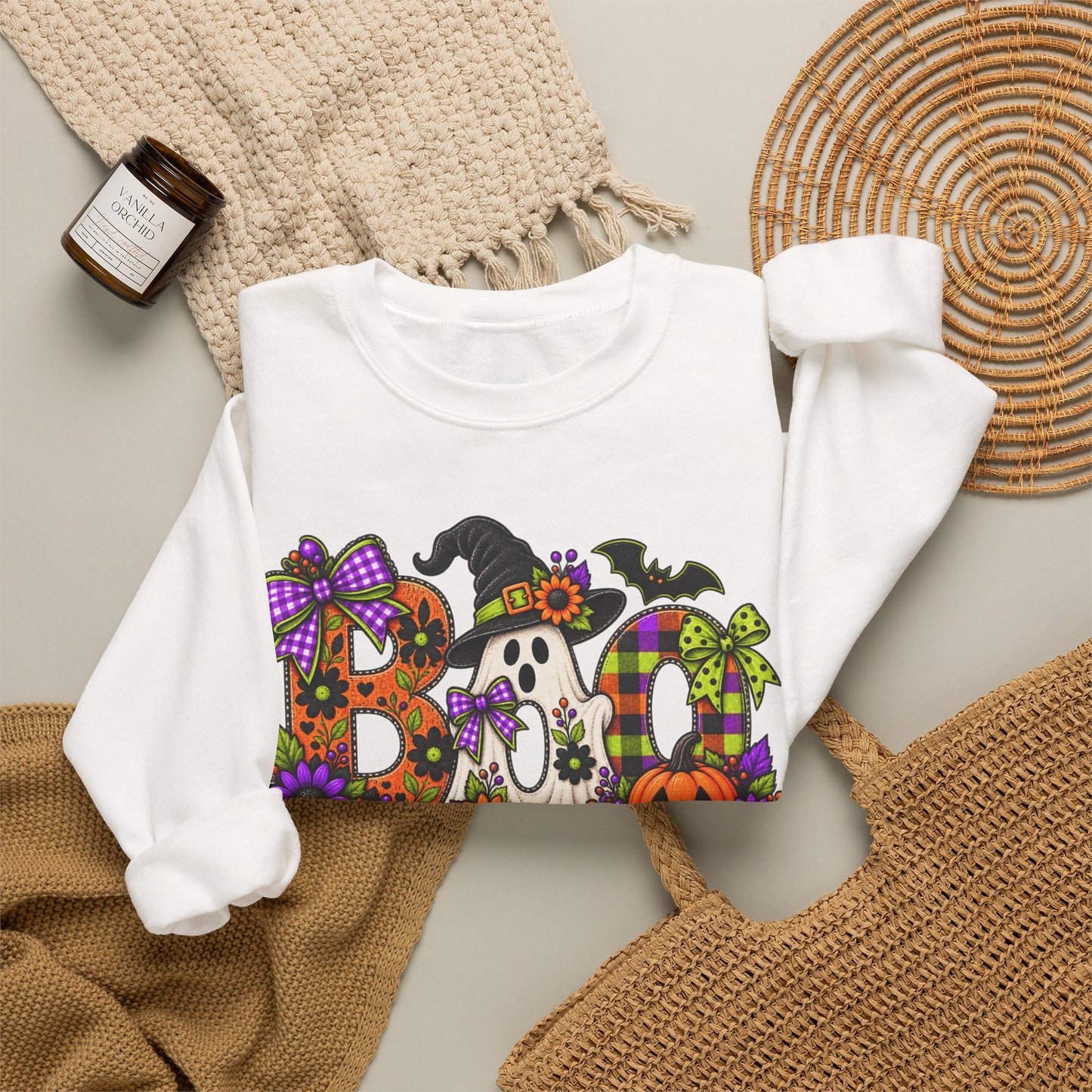 Halloween "BOO!" Crewneck Sweatshirt — Cute Spooky Ghost & Pumpkin Pullover