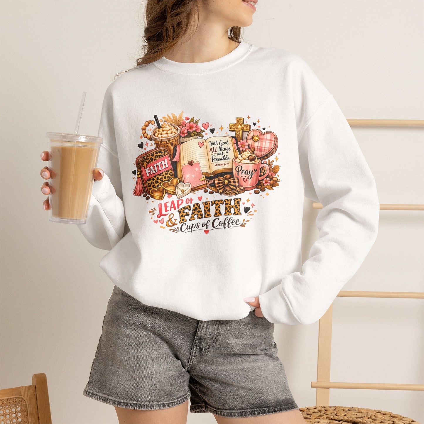 Faith & Coffee Crewneck Sweatshirt — 'Leap of Faith' Christian Cozy Pullover