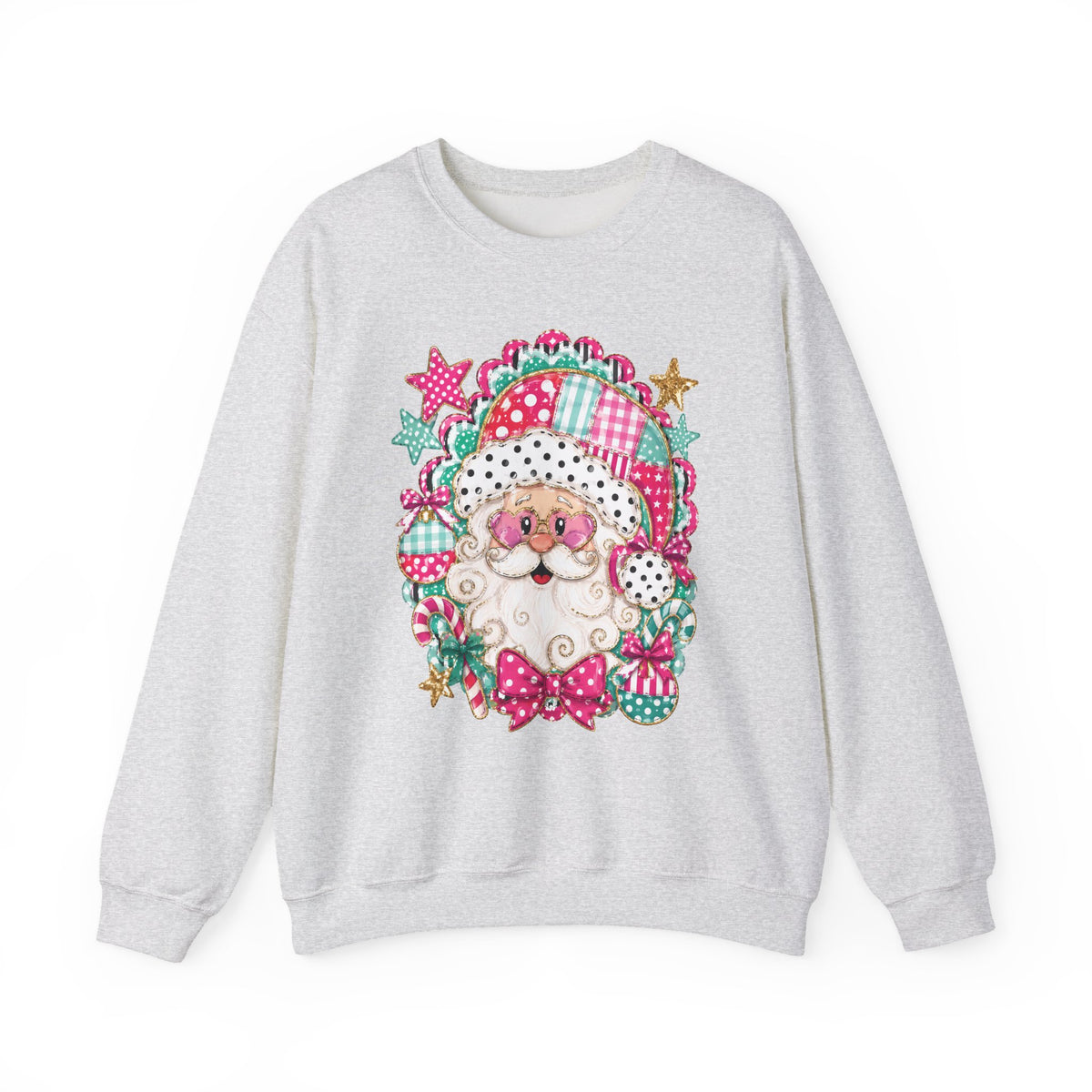 Pink Patchwork Santa Sweatshirt — Cute Christmas Crewneck for Women & Kids