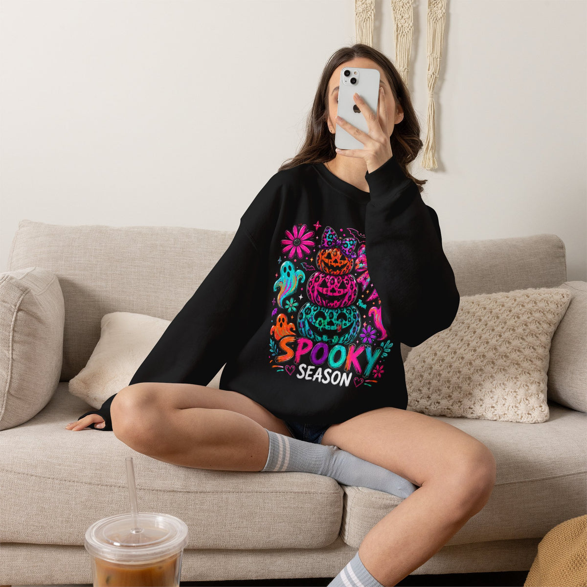 Spooky Season Sweatshirt — Colorful Neon Halloween Pumpkin & Ghost Crewneck
