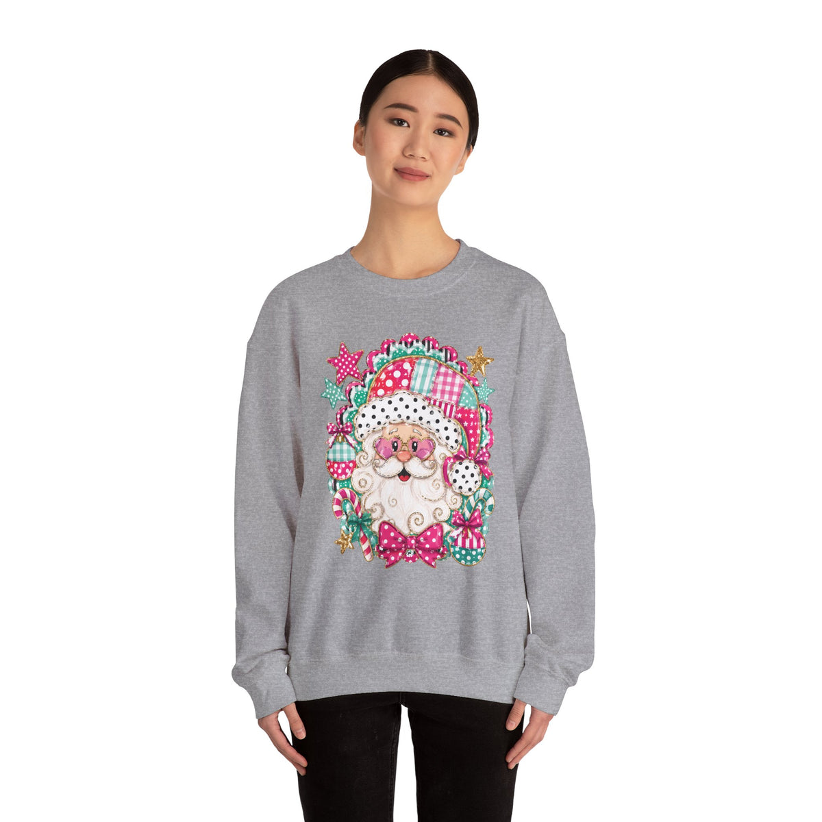 Pink Patchwork Santa Sweatshirt — Cute Christmas Crewneck for Women & Kids