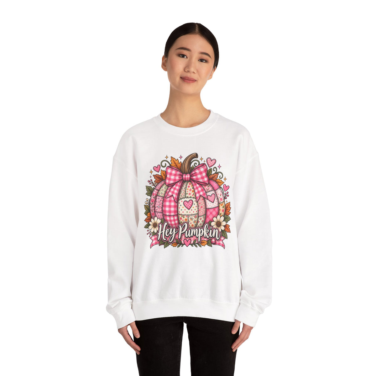 Hey Pumpkin Sweatshirt — Pink Plaid Pumpkin Crewneck for Fall & Valentine’s