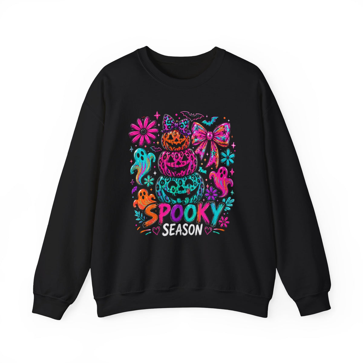 Spooky Season Sweatshirt — Colorful Neon Halloween Pumpkin & Ghost Crewneck