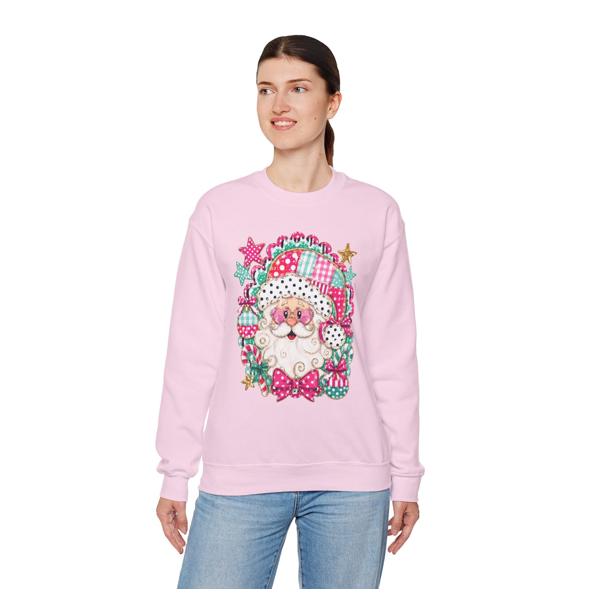 Pink Patchwork Santa Sweatshirt — Cute Christmas Crewneck for Women & Kids