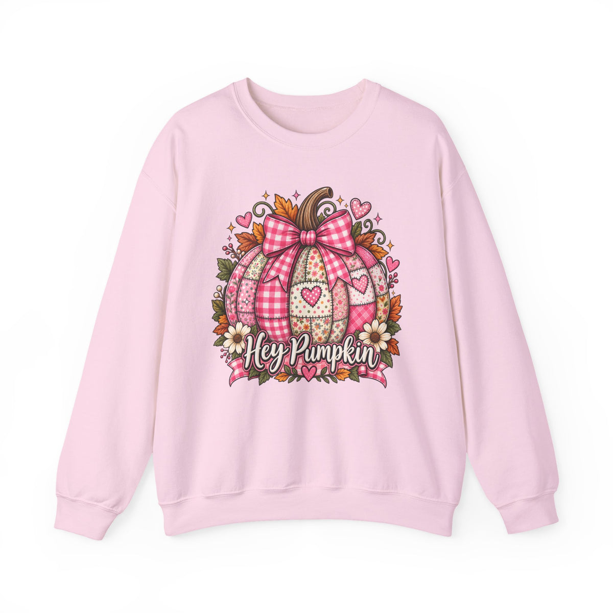 Hey Pumpkin Sweatshirt — Pink Plaid Pumpkin Crewneck for Fall & Valentine’s