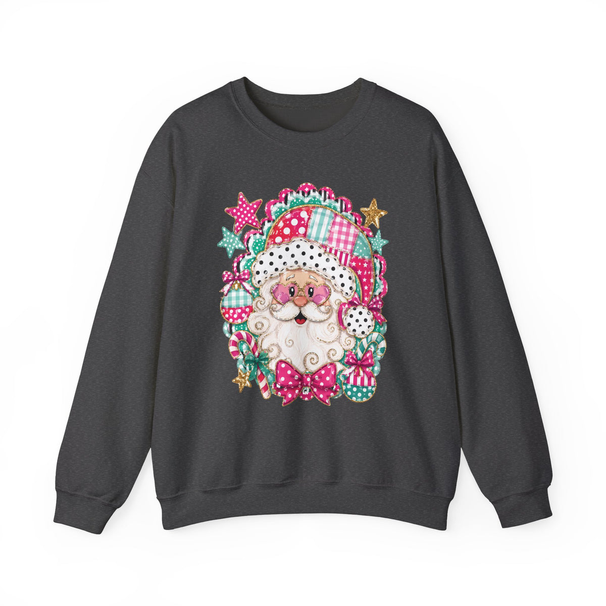 Pink Patchwork Santa Sweatshirt — Cute Christmas Crewneck for Women & Kids