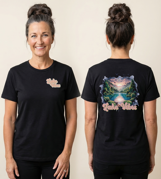 Lake Vibes T-Shirt — Pastel Scenic Watercolor Lake Tee