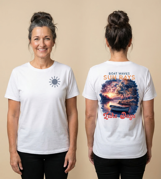 Lake Days Sunset Boat T-Shirt — Boat, Waves & Sun Rays
