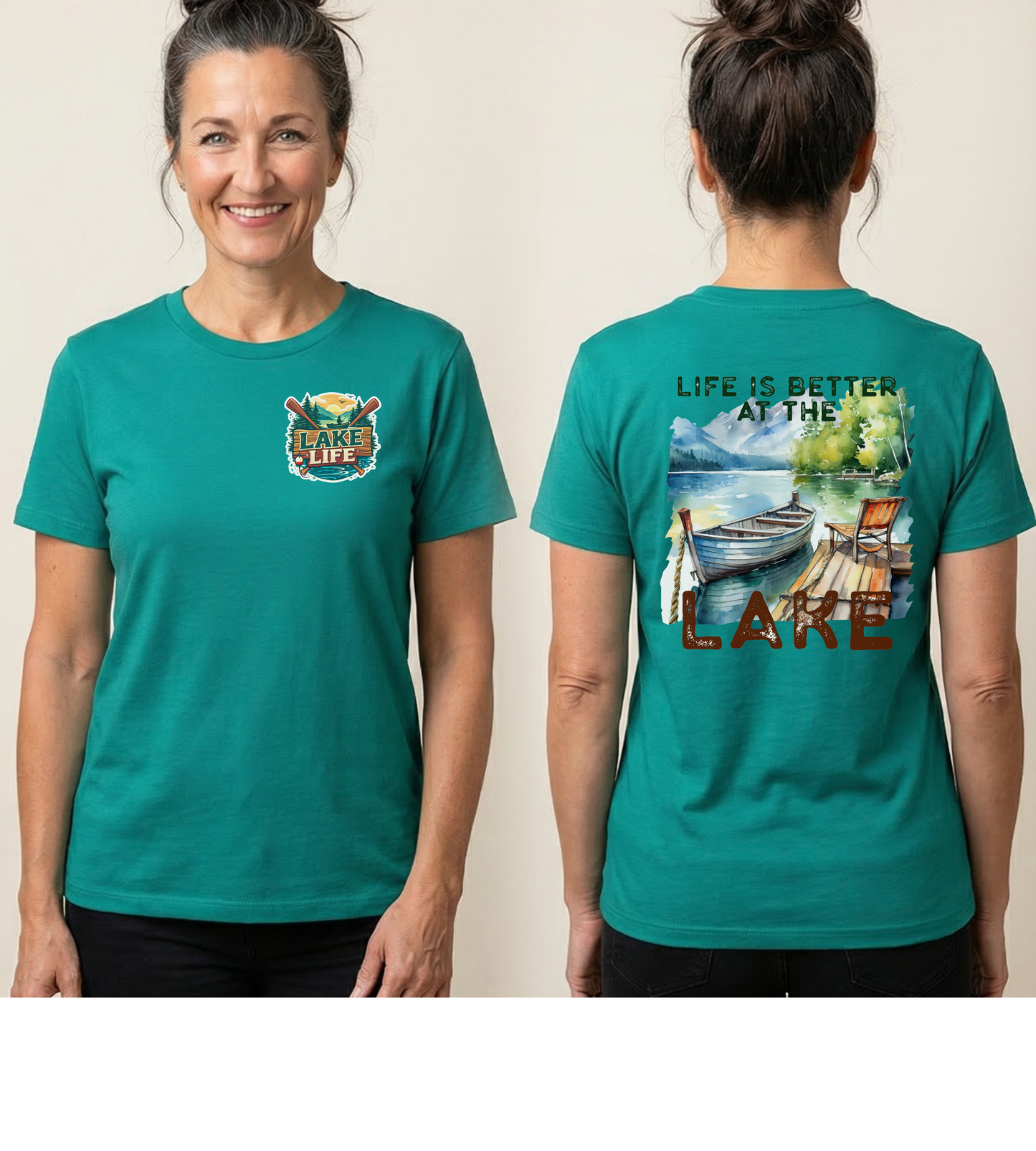 Lake Life T-Shirt — "Life Is Better at the Lake" Boat, Dock & Rocking Chair Design