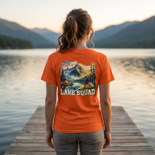 Lake Squad Camping T-Shirt — Scenic Mountain & Tent Outdoors Tee