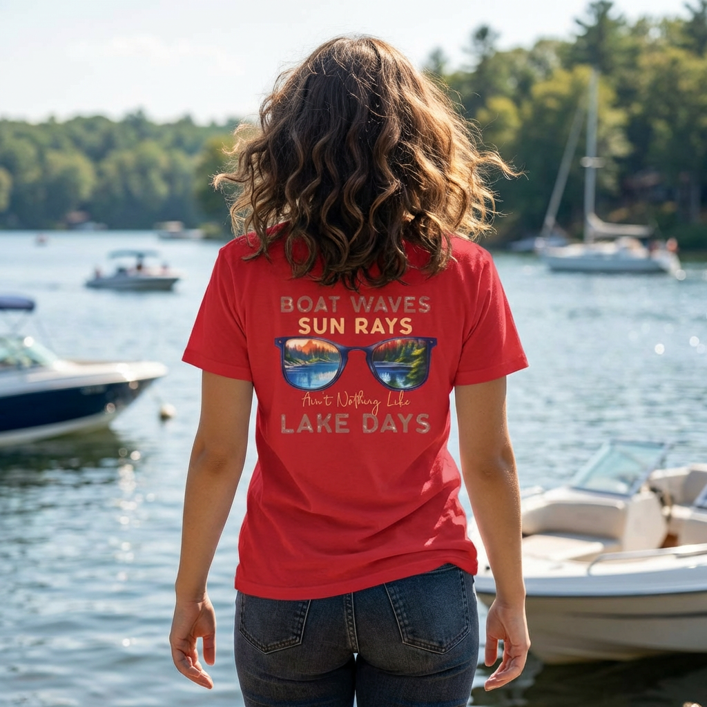 Lake View Sunglasses Tee — Boat, Waves & Sun Rays T-Shirt