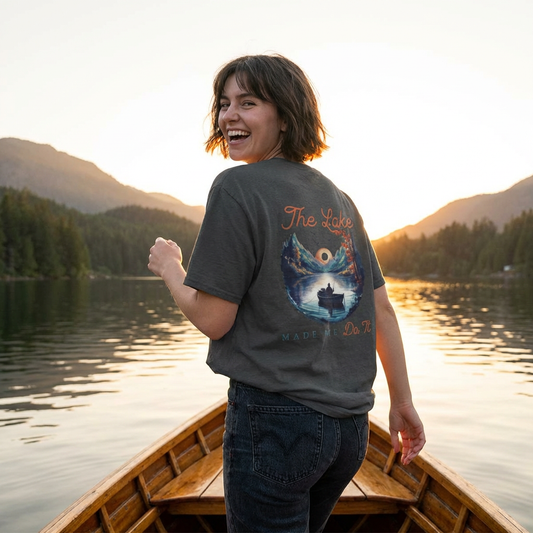 The Lake Made Me Do It Fishing Tee — Sunset Boat Graphic T-Shirt