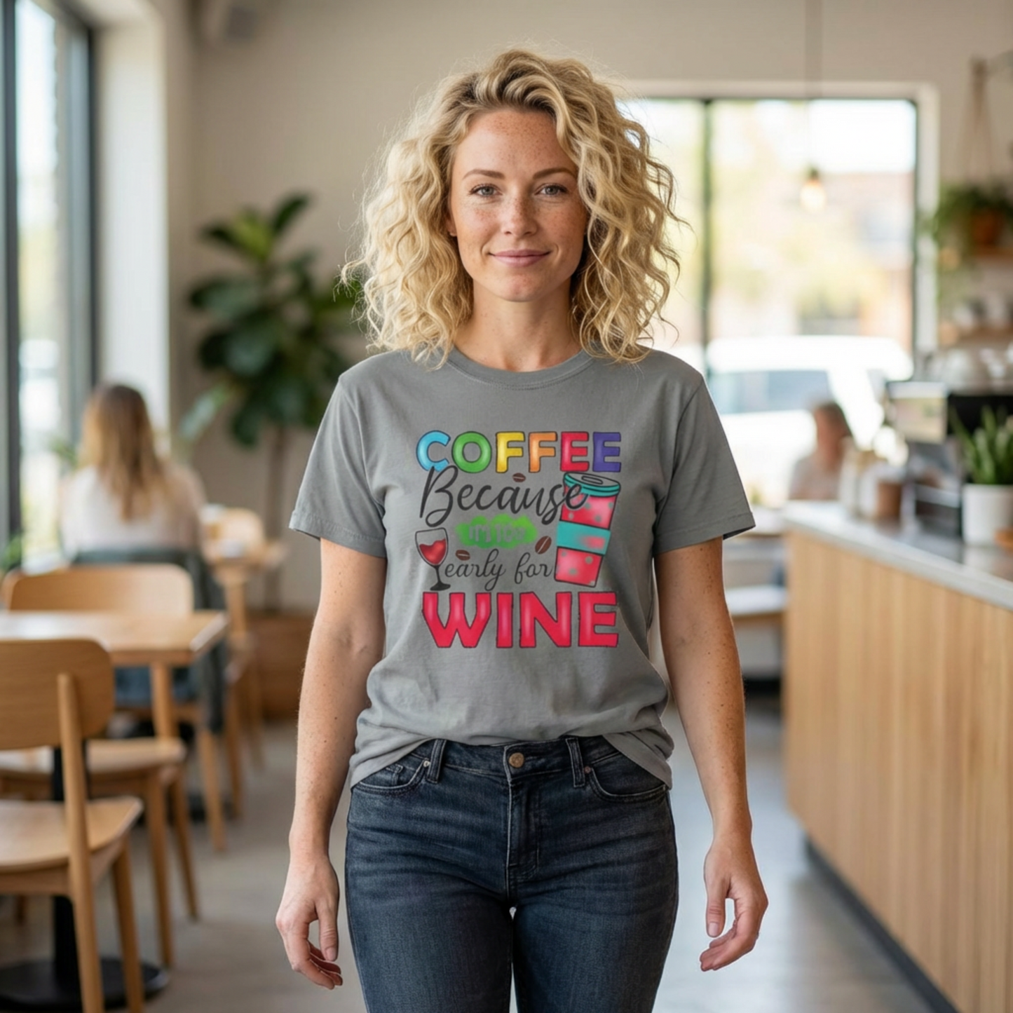 Coffee Because It’s Too Early for Wine T-shirt — Funny Coffee Humor Tee