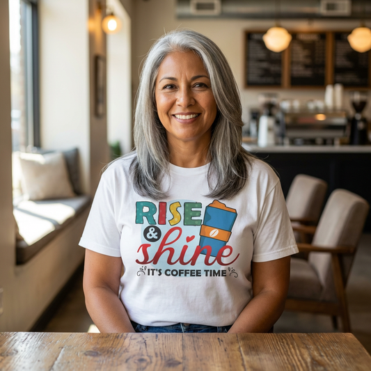 Rise & Shine Coffee Time T-Shirt — Morning Coffee Graphic Tee