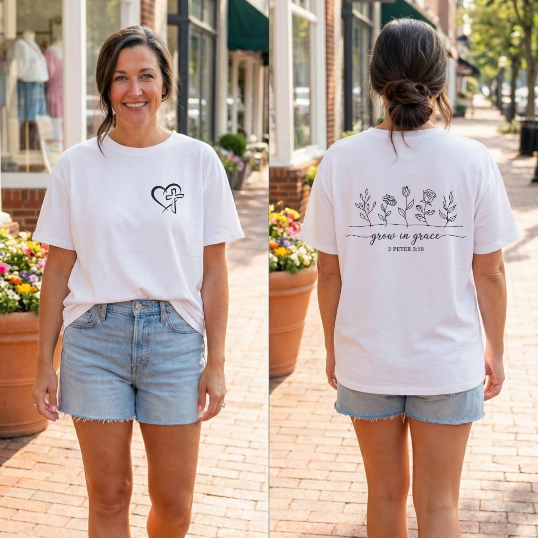 Floral 'Grow in Grace' Tee — Chest Heart & Back Wildflower Design