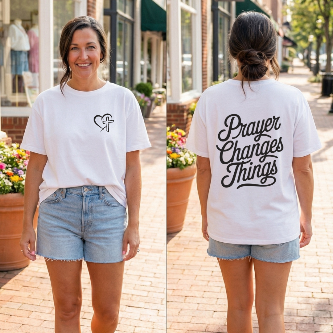 Minimal Heart & Cross T-Shirt — Small Faith Chest Logo