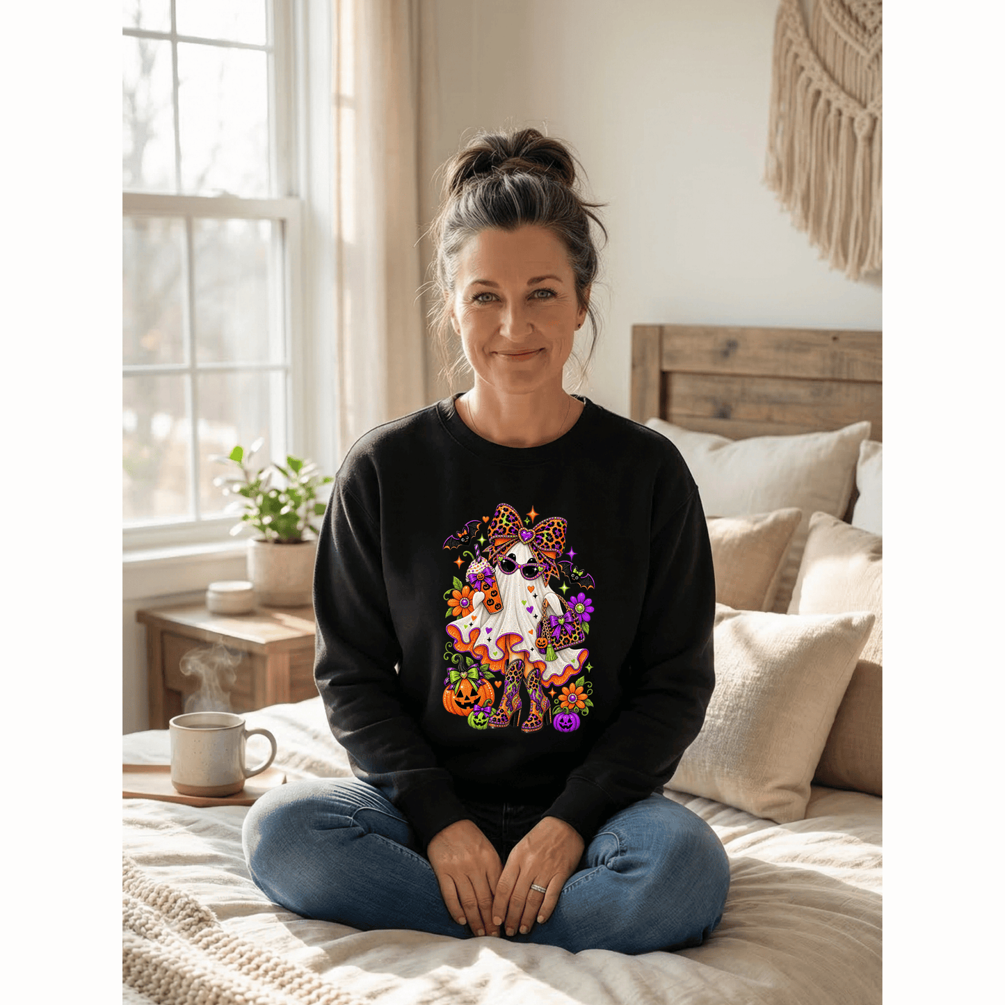 Halloween Ghost Cat Crewneck Sweatshirt — Cute Spooky Pumpkin & Bat Graphic