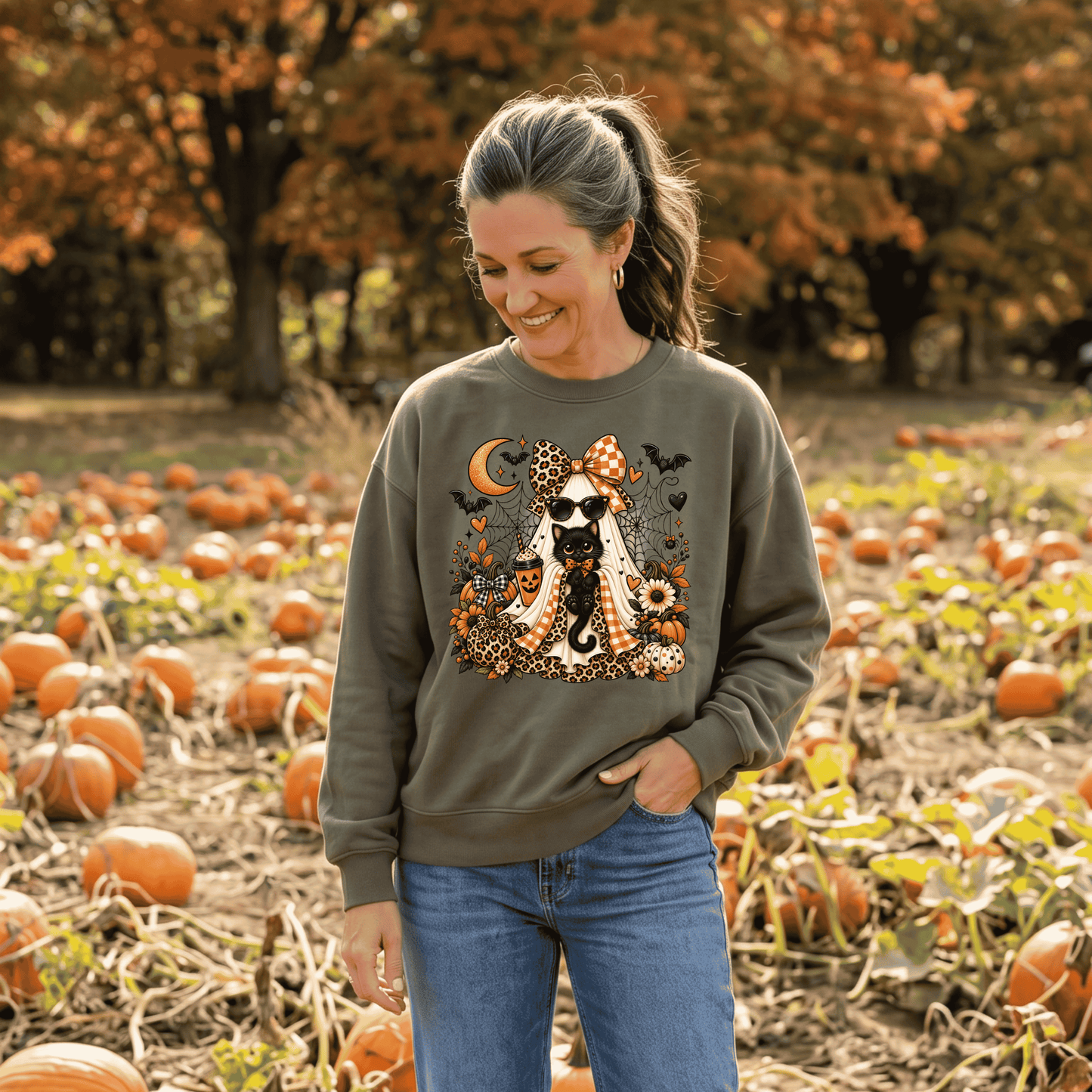 Halloween Black Cat Crewneck Sweatshirt — Cute Spooky Fall Sweater