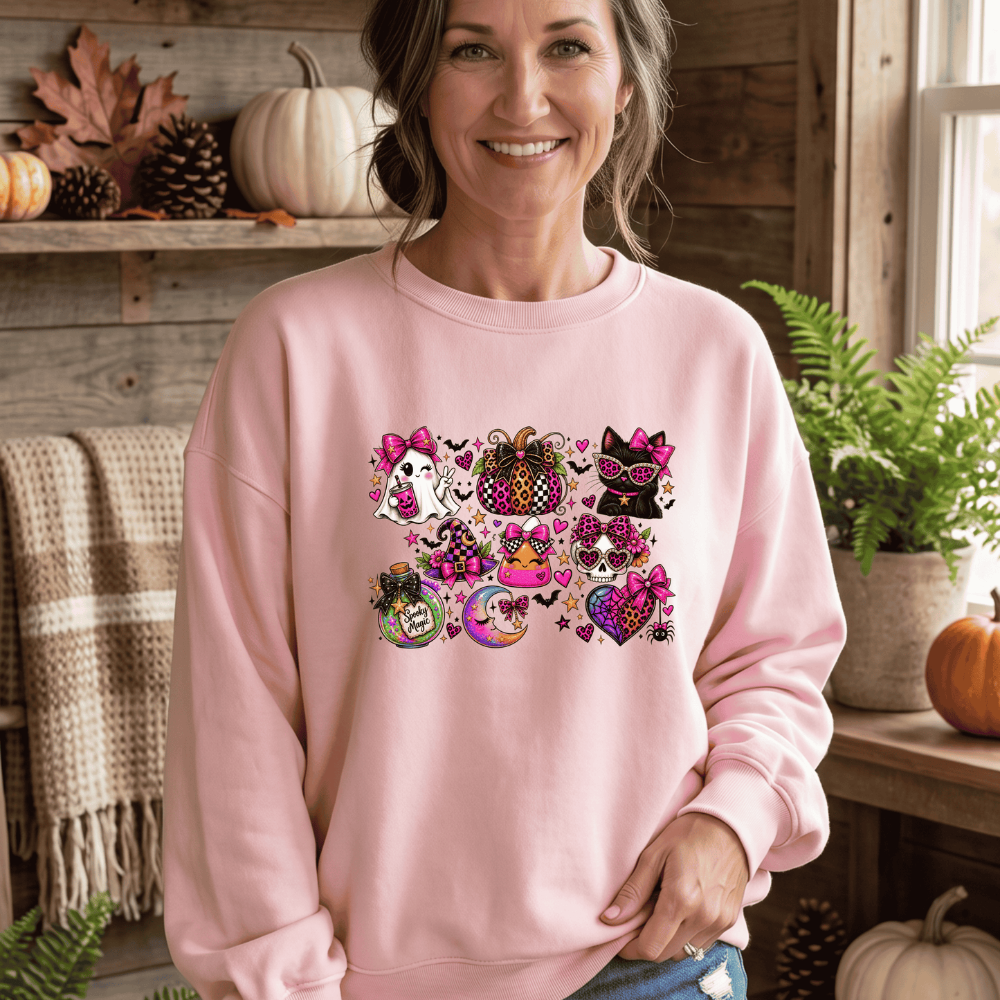 Halloween Cat & Pumpkin Crewneck Sweatshirt — Colorful Spooky Cute Design