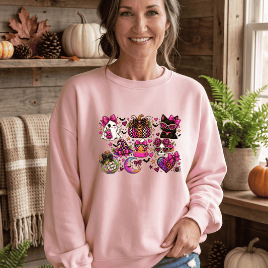 Halloween Cat & Pumpkin Crewneck Sweatshirt — Colorful Spooky Cute Design