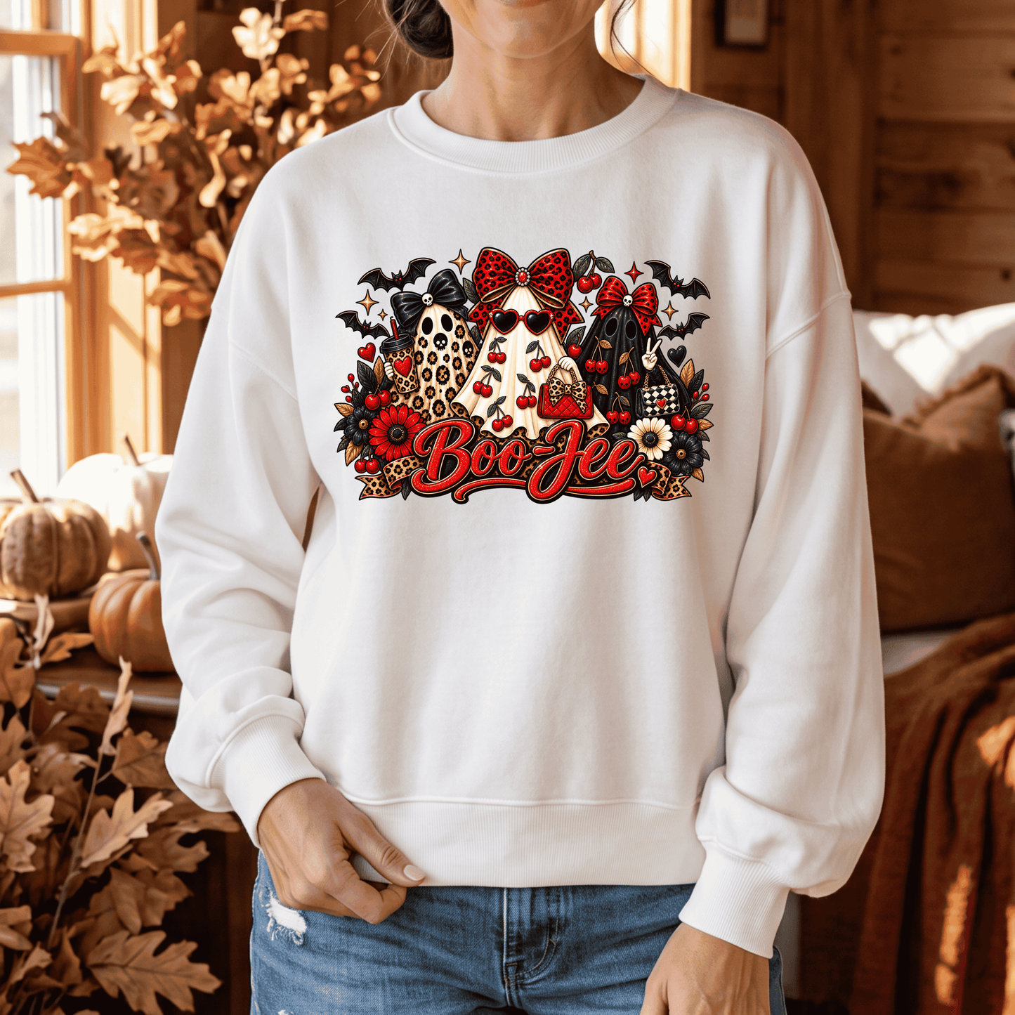 Halloween Boo Crewneck Sweatshirt — Cute Ghosts, Bats & Plaid Pumpkin Design