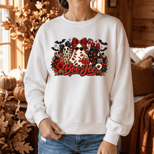Halloween Boo Crewneck Sweatshirt — Cute Ghosts, Bats & Plaid Pumpkin Design