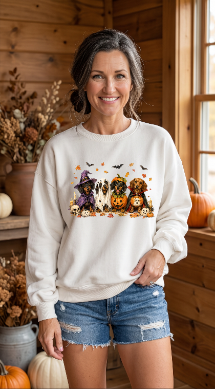 Halloween Dogs Crewneck Sweatshirt — Cute Pups in Witch Hats & Jack‑o’‑Lanterns