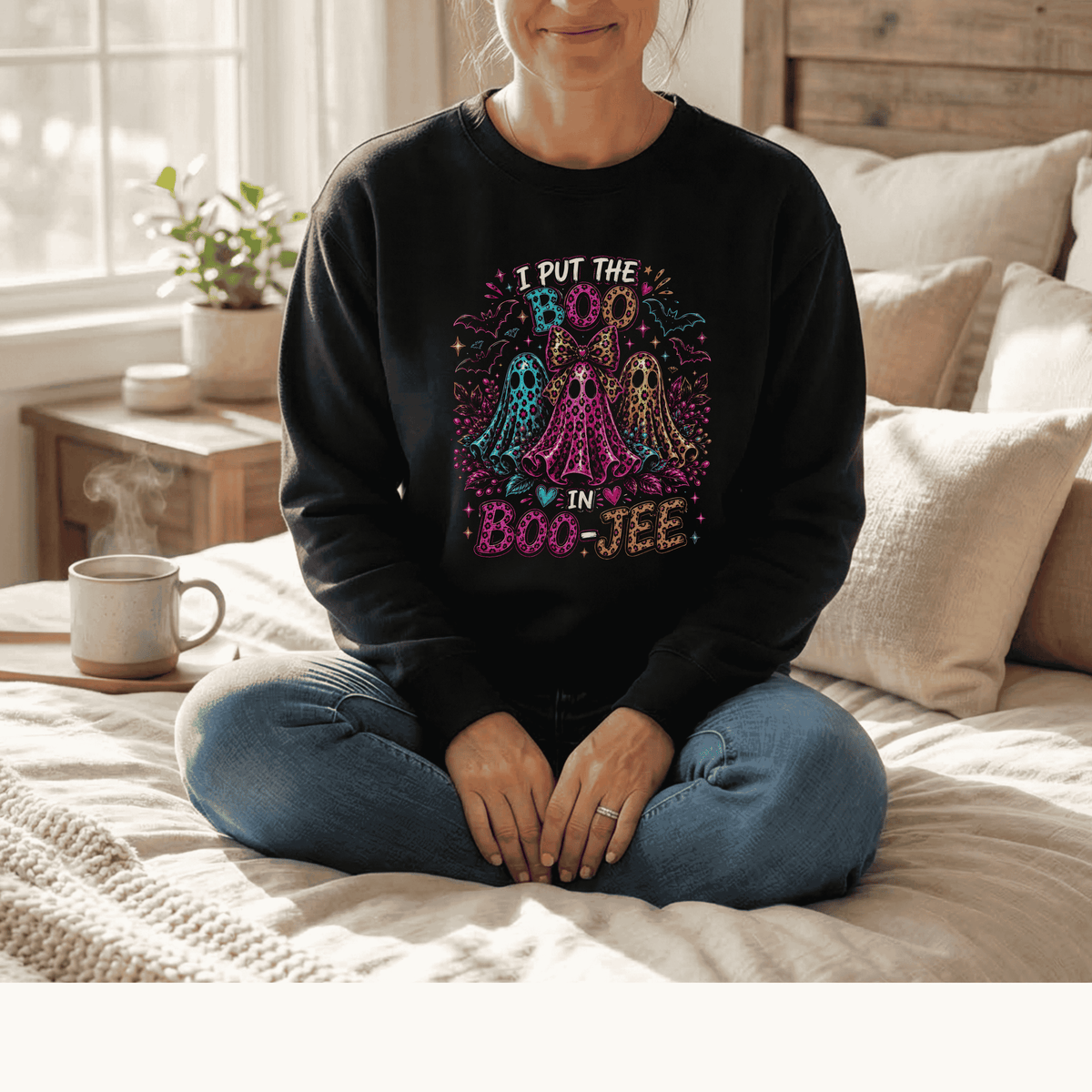 Halloween Crewneck Sweatshirt - "I Put the Boo in Boo-tee" Colorful Ghosts